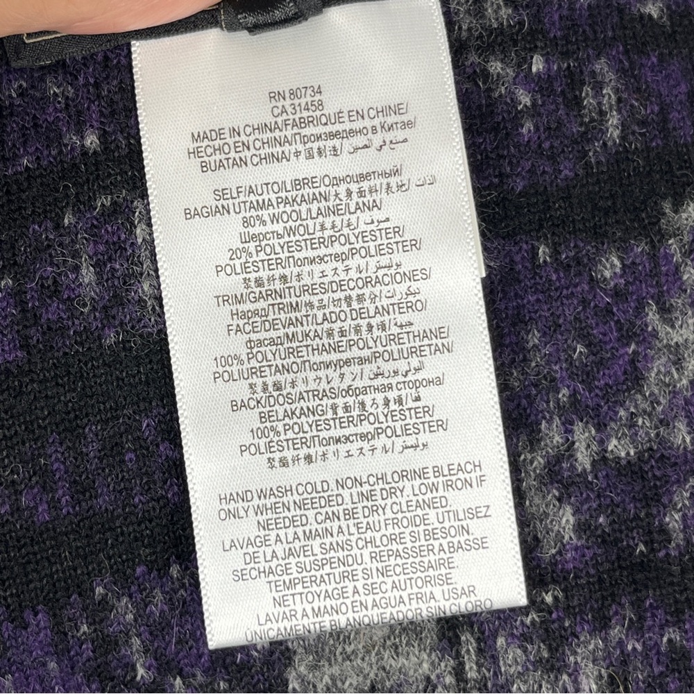 BCBG MAXAZRIA Cape Wrap Shawl Black Gray Purple W/Leather Trim Winter Travel OS - Picture 10 of 11